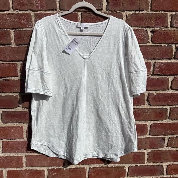 Suzanne Betro Weekend Women's short Sleeve Contrast Stitch Tunic Top Ivory 1X NE - Picture 1 of 5